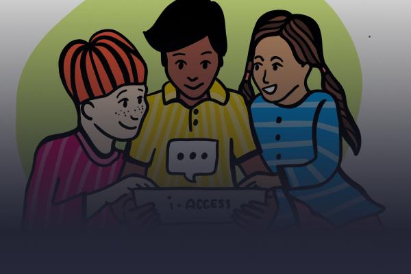 illustration of children talking to i-ACCESS chatbot